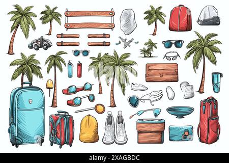 éléments liés aux vacances, plage, palmiers Illustration de Vecteur