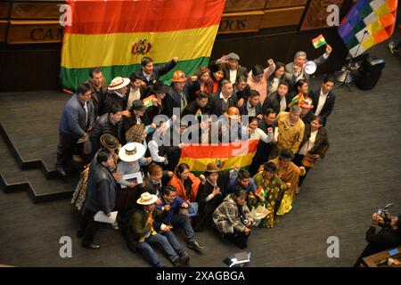 L'Assemblée législative plurinationale, avec plus des deux tiers des personnes présentes, sanctionnées par la loi 075 qui annule la prolongation des fonctions de juges de la Cour suprême de justice, du Tribunal agro-environnemental, Cour constitutionnelle plurinationale et Conseil de la justice L'Assemblée législative plurinationale, avec plus des deux tiers des personnes présentes sanctionnées par la loi 075 qui annule la prorogation des juges de la Cour suprême de justice, de la Cour agro-environnementale, Cour constitutionnelle plurinationale et Conseil de la magistrature LA PAZ la PAZ MURILLO BOLIVIE Copyright : xAlexisxGomezx Banque D'Images