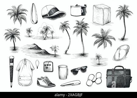 éléments liés aux vacances, plage, palmiers Illustration de Vecteur