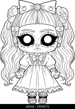 Poupée avec une expression sinistre effrayante, Spooky Gothic Horror Coloring page, dessin de ligne propre, contour fort Illustration de Vecteur