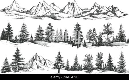Esquisse vectorielle de forêt et de montagnes Illustration de Vecteur