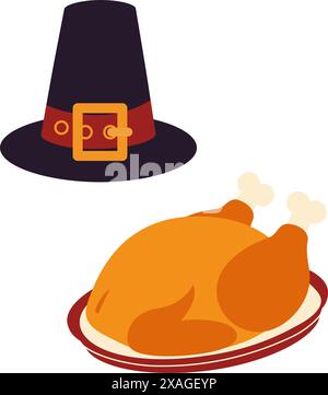 dinde rôtie sur un plateau ovale et chapeau de pèlerin dans des tons tendance. Symboles traditionnels de Thanksgiving. Isoler le vecteur EPS. Cartes, affiches, bannière, brochure, étiquette de prix, étiquette ou web, idée de conception promo Illustration de Vecteur