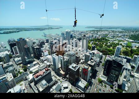 Saut à l'élastique depuis la Sky Tower à Auckland, Nouvelle-Zélande. Banque D'Images