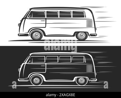 Logo vectoriel pour Minivan Vintage, bannières automobiles horizontales avec illustration de contour simple de monochrome d'art de clip de ligne en mouvement, décorat Illustration de Vecteur