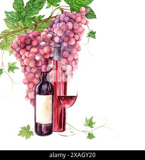 Bouteilles avec du vin et un verre sur un fond d'une grappe de raisins. L'illustration est dessinée à la main à l'aquarelle et est idéale pour concevoir des menus, du vin Banque D'Images