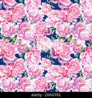 pivoines dessinées à l'aquarelle sur un motif sans couture de fond bleu Banque D'Images
