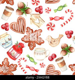 Modèle sans couture, Noël et nouvel an 2025 sur un fond blanc. Pain d'épices et thé, bonbons et jouets, noix, pot en verre, lanterne, mug et verre Banque D'Images