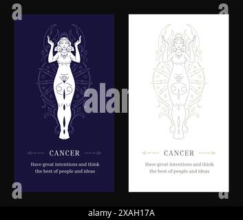 Cancer zodiaque horoscope antique femme déesse ligne art décor modèle de conception d'affiche avec description set illustration vectorielle. Femelle écrevisse ancienne Illustration de Vecteur