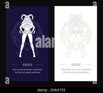 Bélier zodiaque antique femme déesse horoscope mythologie ligne art déco modèle de conception d'affiche set illustration vectorielle. RAM ésotérique femelle astrologique Illustration de Vecteur