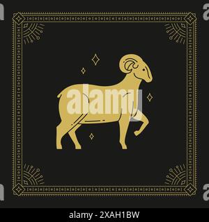 Bélier zodiaque astrologie antique ligne d'or art déco vintage design de carte vintage avec illustration vectorielle de fond noir. Personnage animal à cornes de RAM Illustration de Vecteur