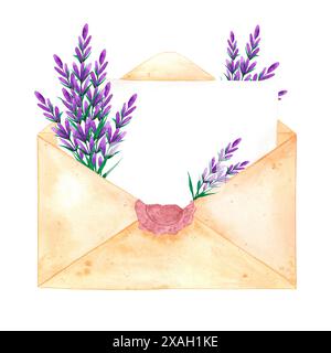 Lettre d'aquarelle dessinée à la main avec bouquet de fleurs de lavande isolé sur fond blanc. Peut être utilisé pour les cartes, scrapbook et autres produits imprimés Banque D'Images