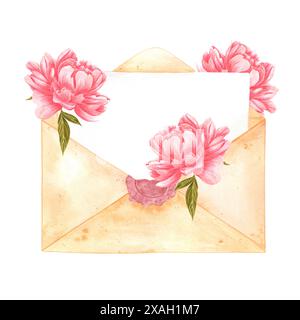 Lettre d'aquarelle dessinée à la main avec des fleurs de pivoine couleur pêche isolées sur fond blanc. Peut être utilisé pour les cartes, scrapbook et autres produits imprimés Banque D'Images