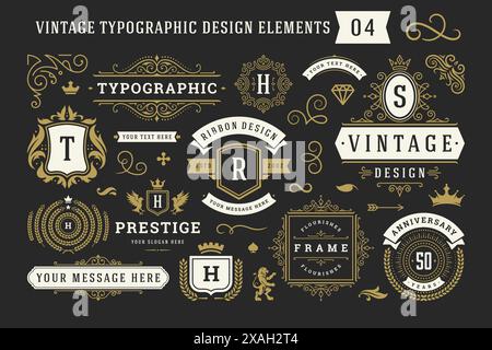 Vintage typographique éléments de conception d'ornement décoratif set illustration vectorielle. Étiquettes et badges, rubans rétro, symboles de logo de luxe fantaisie, élégant Illustration de Vecteur