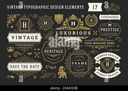 Vintage typographique éléments de conception d'ornement décoratif set illustration vectorielle. Étiquettes et badges, rubans rétro, symboles de logo de luxe fantaisie, élégant Illustration de Vecteur