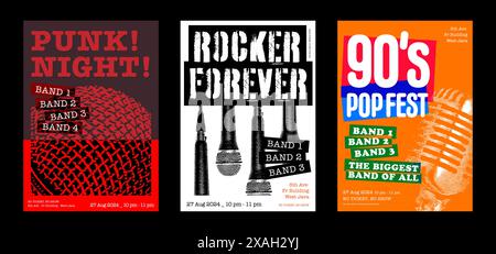 Affiche de musique en direct, flyer de performance en direct, rock grunge et genre pop, impression et médias sociaux, fond de texture d'ensemble de conception vectorielle, ensemble de 3 Illustration de Vecteur
