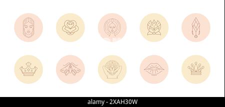 Ensemble d'icônes et d'emblèmes pour les histoires de médias sociaux mettre en évidence les couvertures dans l'illustration vectorielle de style linéaire. Dessins magiques avec des signes féminins et mystiques Illustration de Vecteur