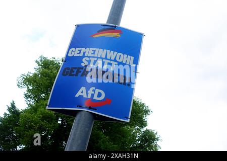 AFD-Wahlplakat - Wahl zum Europäischen Parlament - Die Wahl zum Europäischen Parlament findet vom 6. bis 9. Juni 2024 statt, sowohl in Deutschland als auch in Europa - Gerstungen, Deutschland, GER, DEU, Allemagne, 05.06.2024 - Gerstungen : Wahlplakat der Partei AFD mit dem slogan : GEMEINWOHL STATT GEFÄHRDER - LOGO : AFD - Abbildung: Deutsche Nationalfarben Schwarz Rot Gold *** AFD affiche électorale élection au Parlement européen les élections au Parlement européen auront lieu du 6 au 9 juin 2024, tant en Allemagne qu'en Europe Gerstungen, Allemagne, GER, DEU, Allemagne, Allemagne, 05 06 2024 Gerstung Banque D'Images