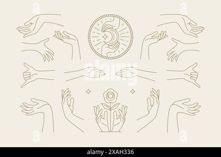 Collection de gestes de mains féminines d'illustrations vectorielles de style dessinées à la main d'art au trait. Symboles féminins pour l'emblème et le paquet de cosmétiques de soins de la peau de mode Illustration de Vecteur