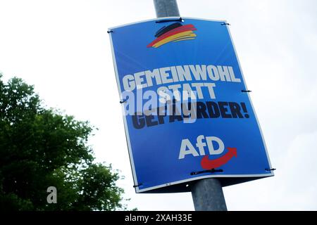 AFD-Wahlplakat - Wahl zum Europäischen Parlament - Die Wahl zum Europäischen Parlament findet vom 6. bis 9. Juni 2024 statt, sowohl in Deutschland als auch in Europa - Gerstungen, Deutschland, GER, DEU, Allemagne, 05.06.2024 - Gerstungen : Wahlplakat der Partei AFD mit dem slogan : GEMEINWOHL STATT GEFÄHRDER - LOGO : AFD - Abbildung: Deutsche Nationalfarben Schwarz Rot Gold *** AFD affiche électorale élection au Parlement européen les élections au Parlement européen auront lieu du 6 au 9 juin 2024, tant en Allemagne qu'en Europe Gerstungen, Allemagne, GER, DEU, Allemagne, Allemagne, 05 06 2024 Gerstung Banque D'Images