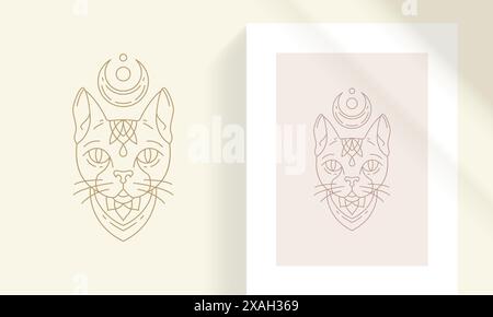 Illustration vectorielle linéaire de silhouette de tête de chat mythique. Chat Mystic Sphynx avec style de contour d'objet minimal ésotérique en croissant de lune. Bon pour logo emb Illustration de Vecteur