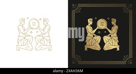Zodiac gemini horoscope signe ligne art silhouette illustration vectorielle de conception. Décoratif créatif élégant astrologie linéaire zodiaque gemini emblème templat Illustration de Vecteur