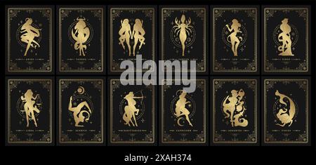 Zodiac Womans horoscope signes linocut silhouettes design vectorielles ensemble. Symboles d'astrologie des modèles de personnages féminins ésotériques pour les cartes Illustration de Vecteur