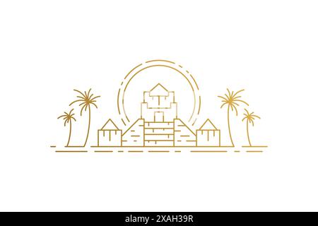 Pyramide égyptienne et palmiers et illustration vectorielle linéaire de silhouette de soleil. Palais vieilli et plantes tropicales représentées avec un style de contour d'objet de soleil rond Illustration de Vecteur