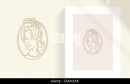 Femme vintage dans l'illustration vectorielle linéaire de silhouette de cadre ovale. Creative line art tête élégante de belle femme rétro avec plume dans les cheveux outli Illustration de Vecteur