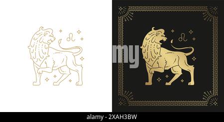 Zodiac leo horoscope signe ligne art silhouette illustration vectorielle de conception. Créatif décoratif élégant astrologie linéaire zodiaque modèle d'emblème leo pour Illustration de Vecteur