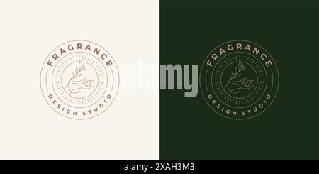 Main avec la branche et les feuilles près de logo emblème modèle illustration vectorielle dans le style d'art au trait minimal. Silhouette florale linéaire pour cosmétiques com Illustration de Vecteur