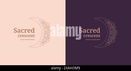 Croissant de lune avec logo de fleurs modèle de modèle de conception d'emblème illustration vectorielle dans le style d'art au trait minimal. Silhouette linéaire pour logotype cosmétique naturel Illustration de Vecteur