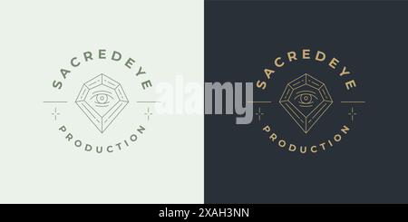 Œil magique avec illustration vectorielle de modèle de conception d'emblème de logo de diamant dans un style d'art de ligne minimal. Silhouette de vision mystique linéaire pour logotype ésotérique Illustration de Vecteur