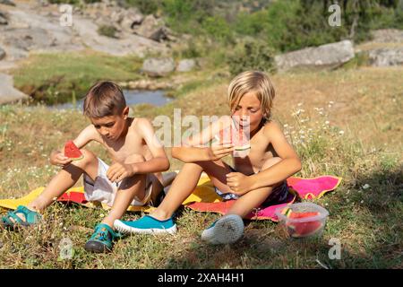 Deux enfants caucasiens de 9 ans mangeant de la pastèque dans la nature un jour d'été Banque D'Images