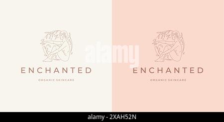 Femme magique avec des feuilles logo emblème modèle illustration vectorielle de modèle de conception dans le style d'art au trait minimal. Silhouette de femme linéaire pour logotype de salon de beauté Illustration de Vecteur