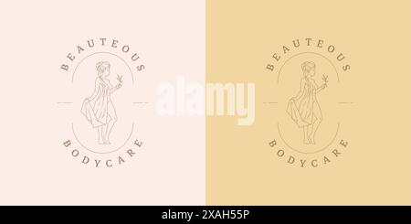 Femme magique avec des feuilles logo emblème modèle illustration vectorielle de modèle de conception dans le style d'art au trait minimal. Silhouette de femme linéaire pour logotype de salon de beauté Illustration de Vecteur