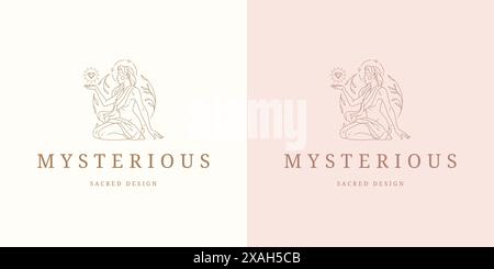 Femme magique avec des feuilles logo emblème modèle illustration vectorielle de modèle de conception dans le style d'art au trait minimal. Silhouette de femme linéaire pour logotype de salon de beauté Illustration de Vecteur