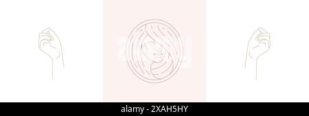 Femme magique avec coiffure et gestes de mains féminines priantes dans un ensemble d'illustrations vectorielles de style linéaire boho. Les emblèmes bohèmes élégants soulignent l'art féminin Illustration de Vecteur