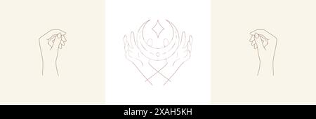 Mains de femme et croissant de lune dans l'ensemble d'illustrations vectorielles de style linéaire boho. Élégants emblèmes bohèmes en lignes dorées avec des symboles de gestes des mains pour Illustration de Vecteur