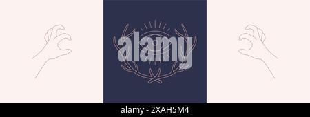 Bois et mains avec des doigts tordus dans un ensemble d'illustrations vectorielles de style linéaire boho. Élégants emblèmes bohème ligne art gestes de la main symboles pour myst Illustration de Vecteur