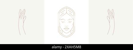 Femme magique avec coiffure et gestes de mains féminines priantes dans un ensemble d'illustrations vectorielles de style linéaire boho. Les emblèmes bohèmes élégants soulignent l'art féminin Illustration de Vecteur