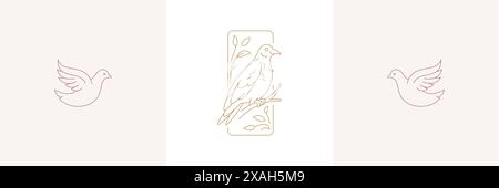 Oiseau sur la branche et la colombe de vol dans l'ensemble d'illustrations vectorielles de style linéaire boho. Emblèmes bohèmes simples en lignes dorées avec des oiseaux pour logo mystique et e Illustration de Vecteur
