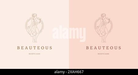 Femme magique avec des feuilles logo emblème modèle illustration vectorielle de modèle de conception dans le style d'art au trait minimal. Silhouette de femme linéaire pour logotype de salon de beauté Illustration de Vecteur