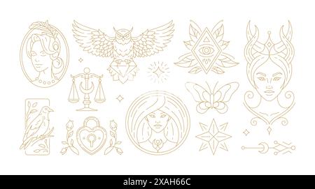 Magic Woman Boho illustrations vectorielles de femmes féminines gracieuses et de symboles ésotériques. Mystérieux et sorcellerie lignes d'éléments de conception d'art. Bohême Illustration de Vecteur