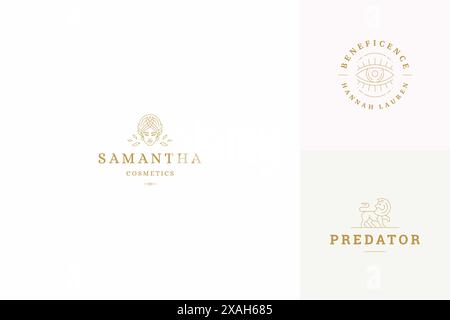 Ensemble de modèles de modèles de conception de logos de ligne vectorielle - visage féminin et mains gestuelles illustrations style linéaire minimal simple. Graphiques de contour pour Hairdre Illustration de Vecteur