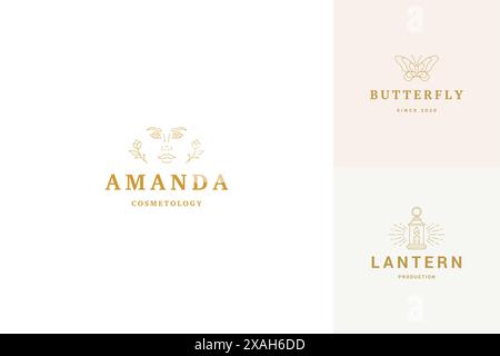 Ensemble de modèles de modèles de conception de logos de ligne vectorielle - visage féminin et illustrations de fleurs style linéaire minimal simple. Graphiques de contour pour la cosmétologie b Illustration de Vecteur