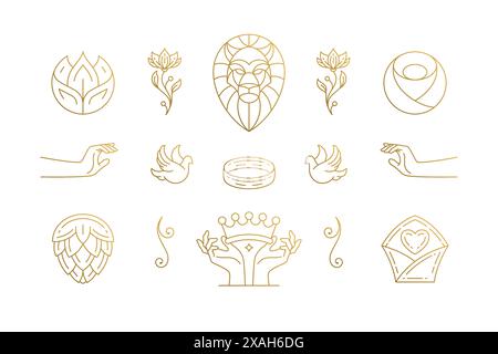Ensemble d'éléments de conception de décoration élégants de la ligne vectorielle - illustrations de tête de lion et de mains gestuelles style linéaire minimal. Collection bohème délicat outl Illustration de Vecteur