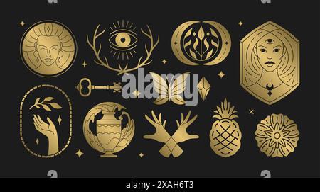 Magic Woman Boho illustrations vectorielles de femmes féminines gracieuses et de symboles ésotériques. Mystérieux et sorcellerie lignes d'éléments de conception d'art. Bohême Illustration de Vecteur