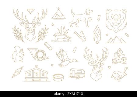 Collection d'illustrations vectorielles simples de différents logos et emblèmes de contour avec divers animaux et éléments de chasse isolés sur fond blanc Illustration de Vecteur