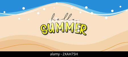 Hello les bannières d'été conçoivent un style dessiné à la main. Été avec fond de plage de sable de bande dessinée. Illustration de Vecteur
