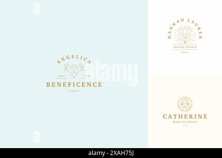 Ensemble de modèles de modèles de conception de logos de ligne vectorielle - visage féminin et mains gestuelles illustrations style linéaire minimal simple. Contours graphiques pour la beauté Illustration de Vecteur